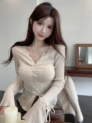 V-Neck Long Sleeve Texture Belted Chiffon Top Women's Spring Elegantly Slim Fit Short Inner Wear Base Open Cardigan Top