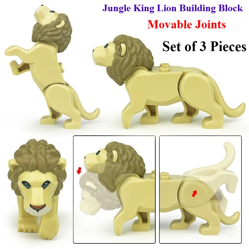 MOC Jungle King Lion Building Block Figure, Movable Joints Animal Brick Toy, Creative Educational Gift for Kids Play and Display