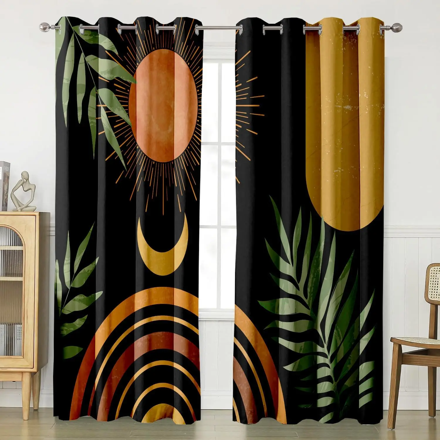 Black Mid Century Abstract Curtains Colorful Boho Aesthetic Curtains for Bedroom Vintage Rainbow Green Leaves Living Room