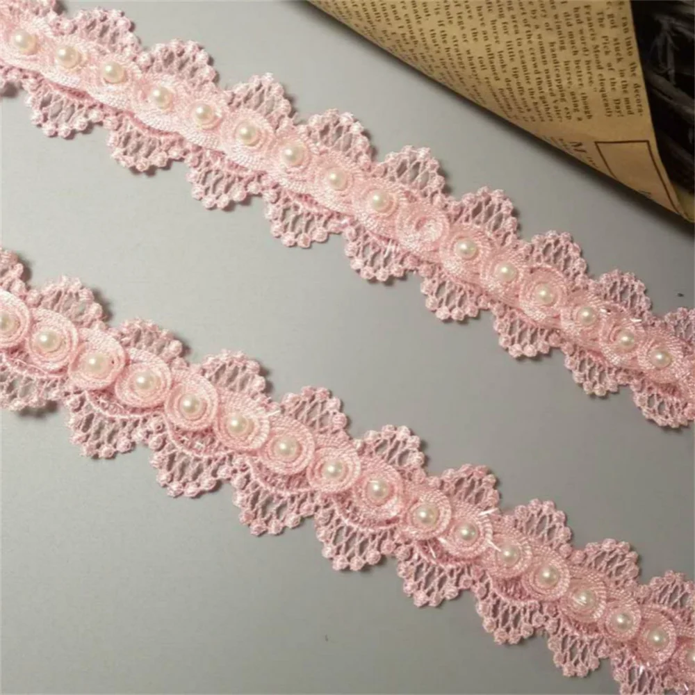 

2 yard Pink Pearl Beaded Flower Embroidered Lace Trim Ribbon Floral Applique Patches Wedding Dress Fabric Sewing Craft 4cm