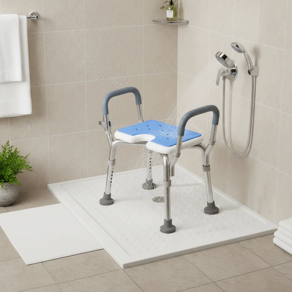 With Backrest Anti-Slip Shower Seat Ventilated Design Adjustable Height Ventilated Bathing Stool Plastic Seat