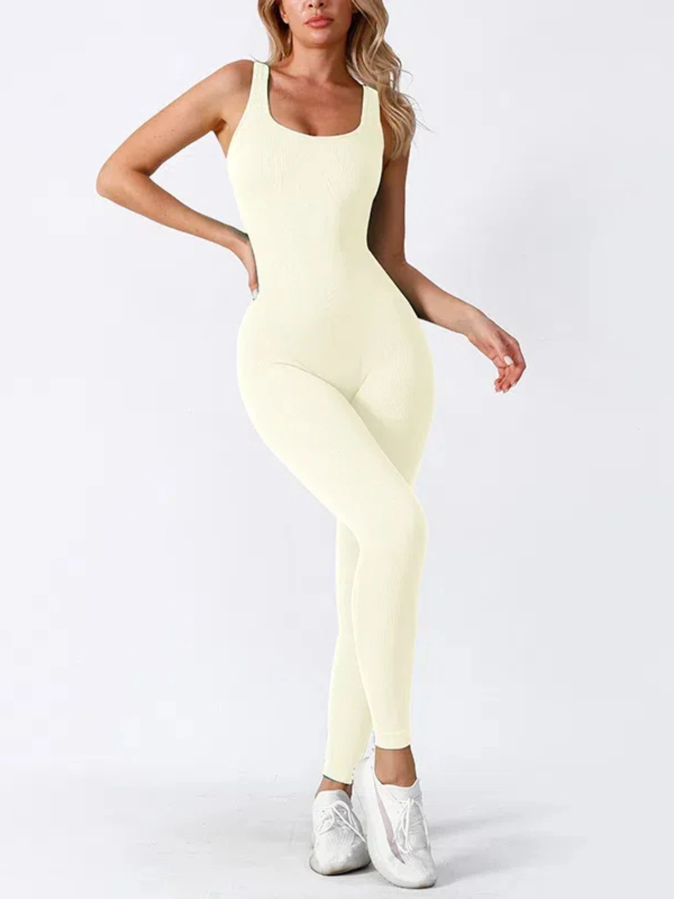 U-Collar Sleeveless Yoga Jumpsuit Solid Color Workout Seamless Ribbed Bodycon One Piece Square Neck Leggings Romper
