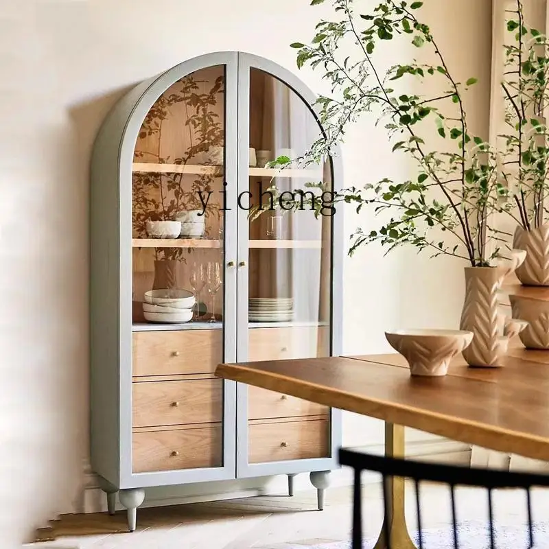 

medieval solid wood arched wine cabinet retro Nordic glass cabinet modern simple double door bookcase