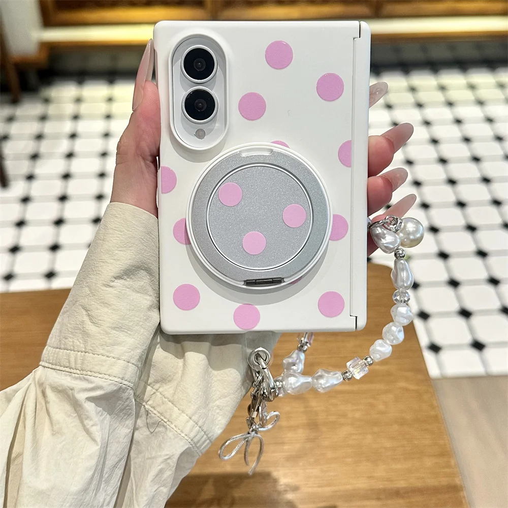 Pink Polka‑Dot Phone Case For Samsung Galaxy Z Fold8 Mirror Bracket Imitation Pearl Wrist Strap Hinge Hard Foldable Shell