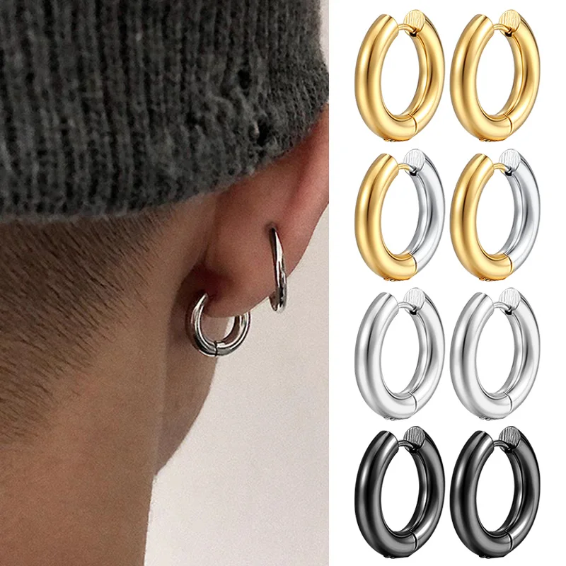 Stainless Steel Hoop Earring For Men Women Simple Hip Hop Rock Gold Color Piercing Punk Chic Jewelry Korean Chunky Earrings