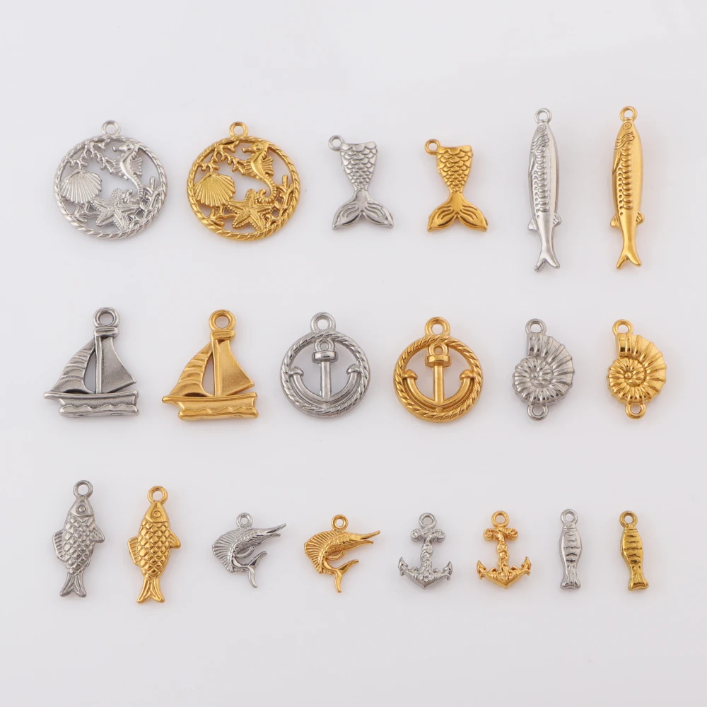 5pcs/lot Stainless Steel Fish Anchor Sailboat Conch Fishtail Charms Marine Life Pendants DIY Ocean Series Jewelry Making