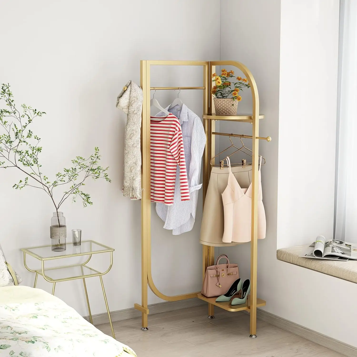 

Corner Gold Metal Clothing Racks,Heavy Duty Freestanding Clothes Racks Coat Rack for Hallway Entryway,Design Unique Garment