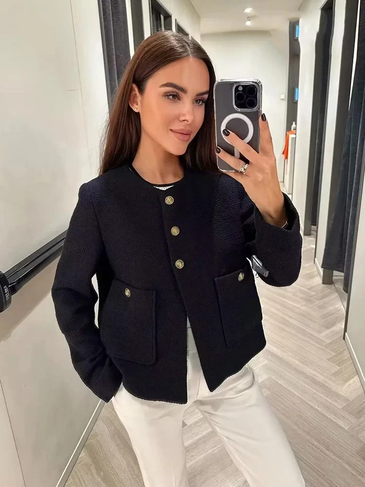 ZABA Women Fashion Single Breasted O Collar Long Sleeve Loose Tweed Short Jacket Casual Elegant Button Pocket Plaid Blazer