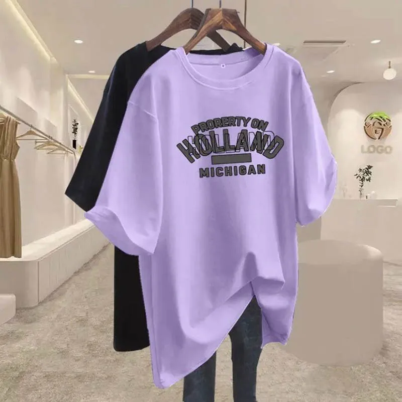 

Women's Clothing Vintage All-match Letter Print T-shirt Summer Casual Loose Pure Cotton Basic Top Tee Lady Short Sleeve Pullover