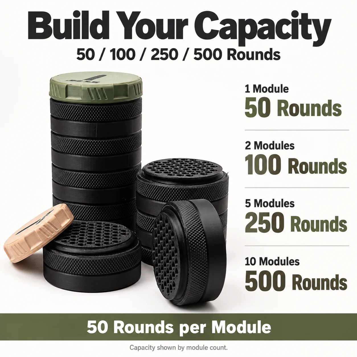 .22 LR Stackable Ammo Organizer, Modular 50-Round Threaded Storage Container for Range Bag and Hunting