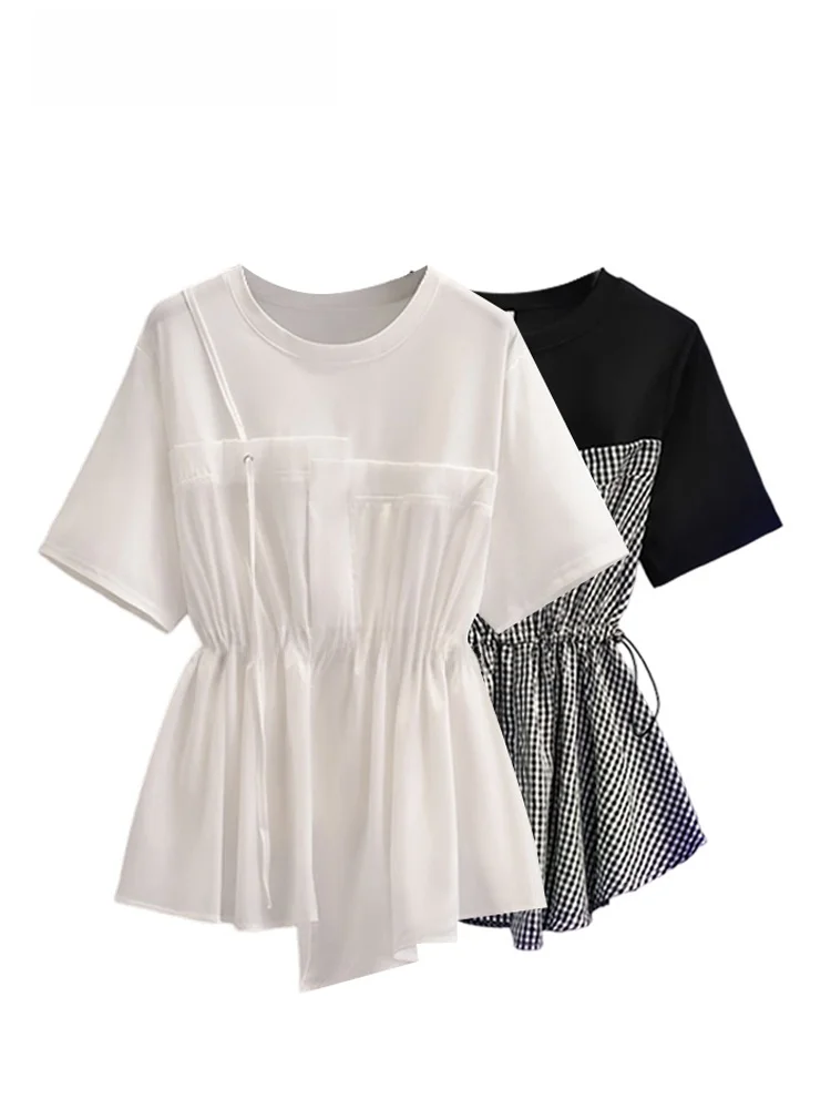 

Женская летняя футболка больших размеров ort Sve, утягивающий топ с талией в стиле пэчворк для полных сестер, модный топ для поездок на работу