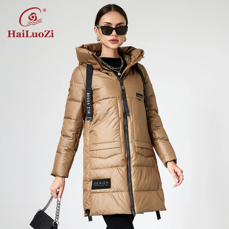 HaiLuoZi – manteau à capuche pour femme, veste d\'hiver, chaude et épaisse, mi-longue, en coton Bio, fermeture éclair latérale, grandes poches, 86,