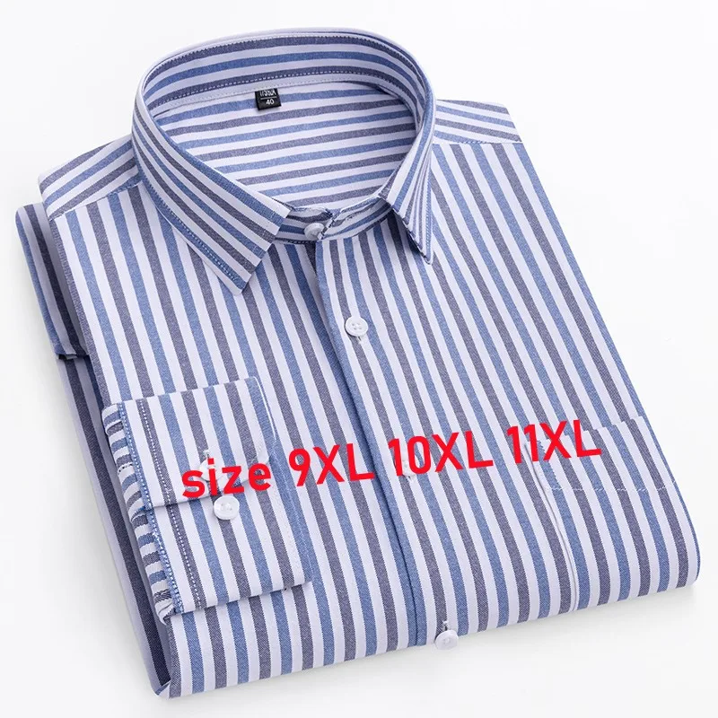 Oversize S~11XL New Men\'s Shirt Long Sleeve 100% Pure Cotton Oxford Shirts Striped Regular Fit Casual Soft Male Blouse Clothing