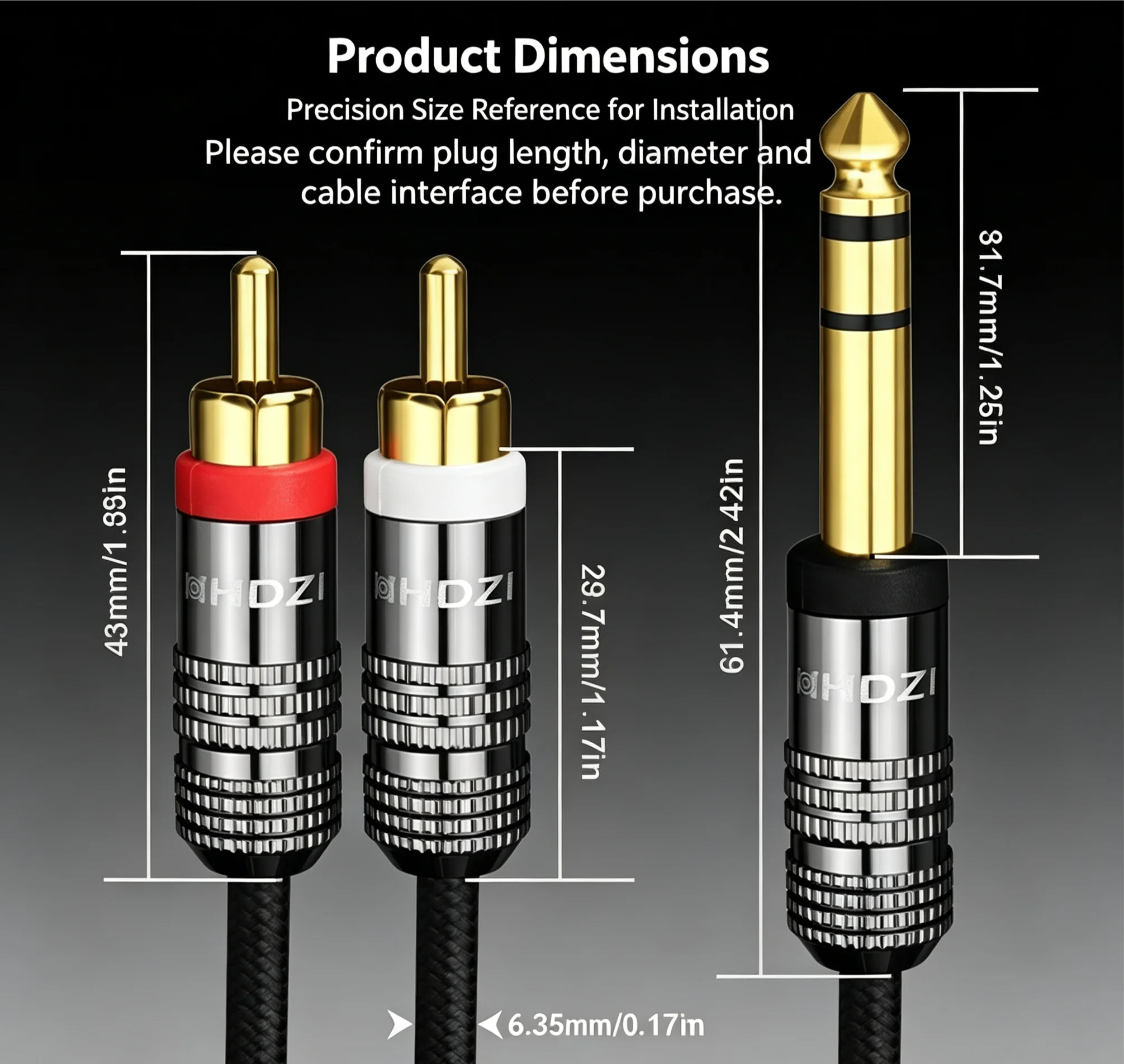 HHDZI 6.35mm male to 2 rca male audio cable gold plated 1/4 inch to dual rca y splitter cord for mixer amplifier hifi system