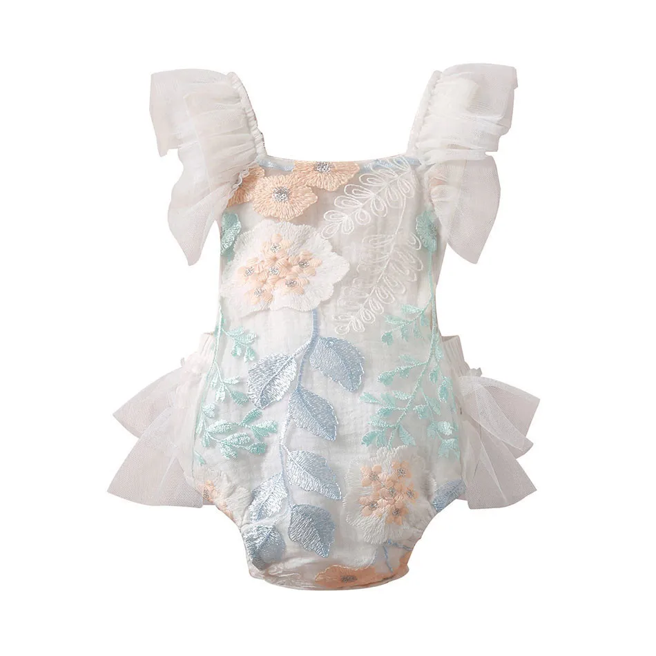 Sweet and Stylish Casual  Baby Girl's Lace Embroidered Mesh Crawling Suit Comfortable and Adorable Outfit Bodysuits