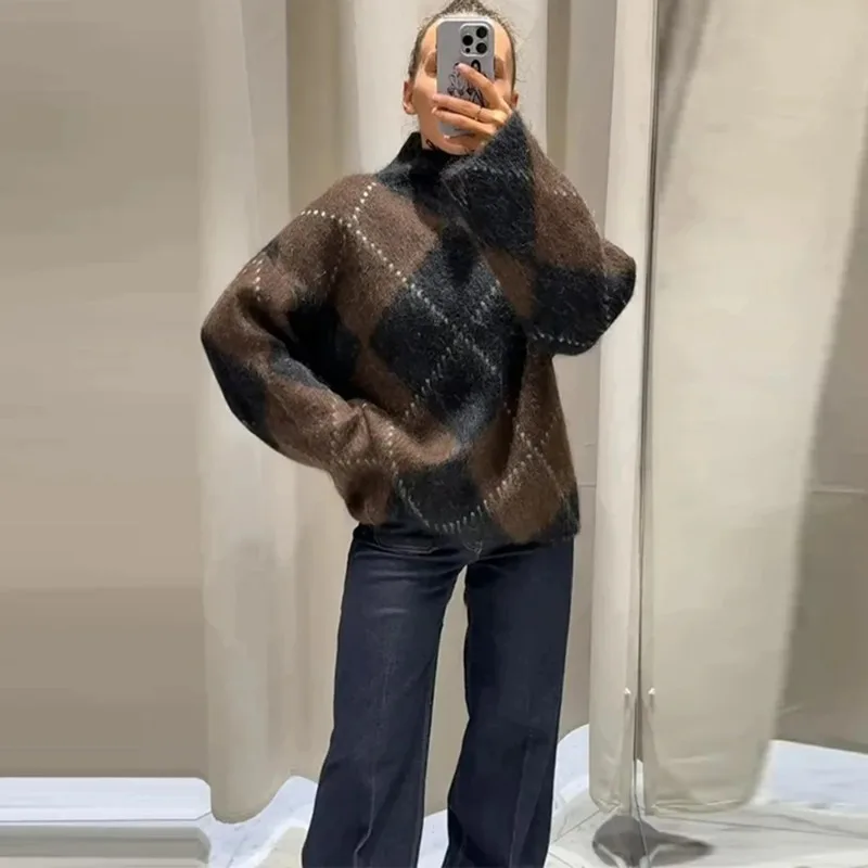 Ticketsx Women Vintage Knit Sweater Fashion High Neck Striped Contrast Pullover Mini Knit Skirt Autumn Elegant Loose Pullovers