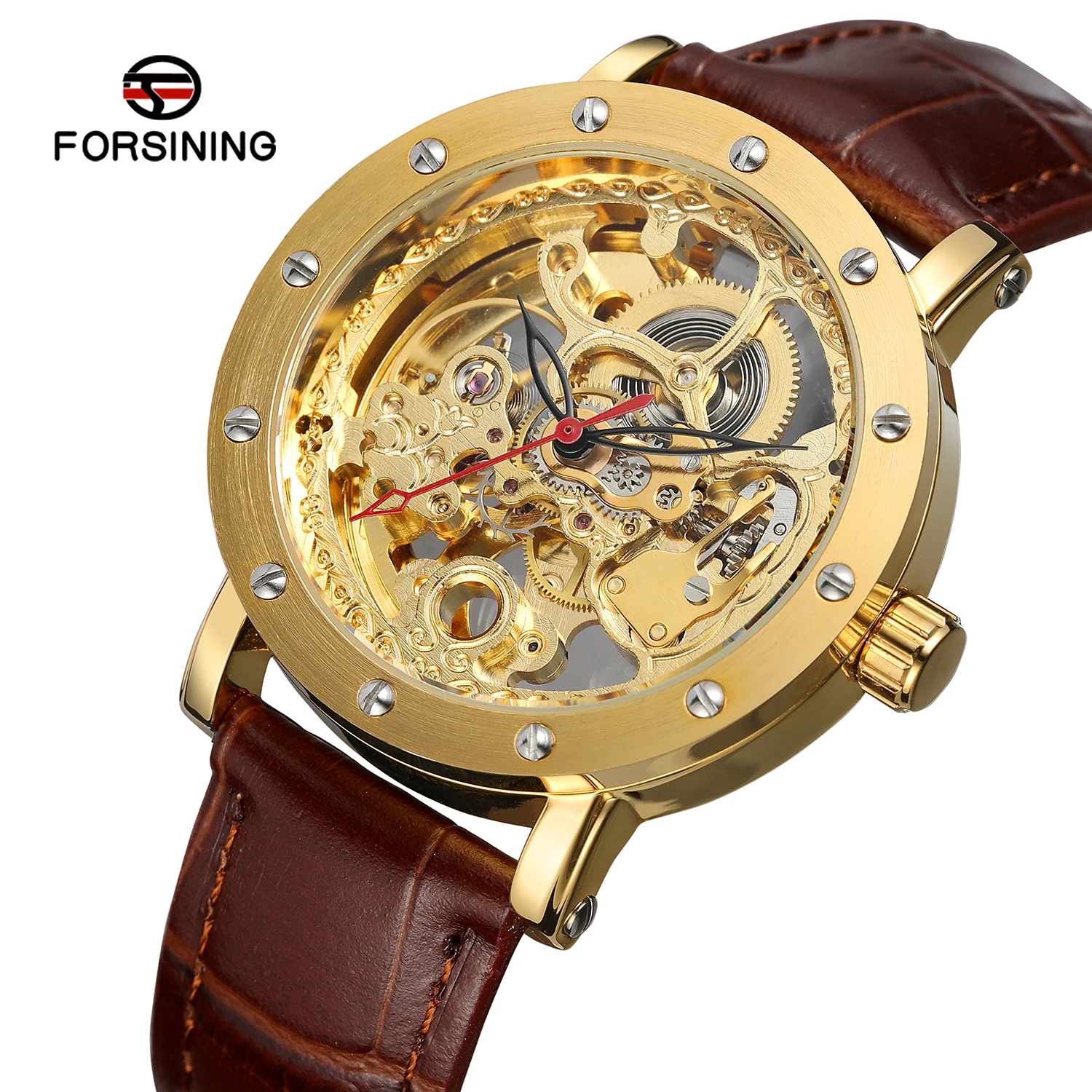 FORSINING Trendy Classic Mens Watches Engraving Automatic Mechanical Rivet Inlay Case Leather Strap Luxury Business Wristwatches