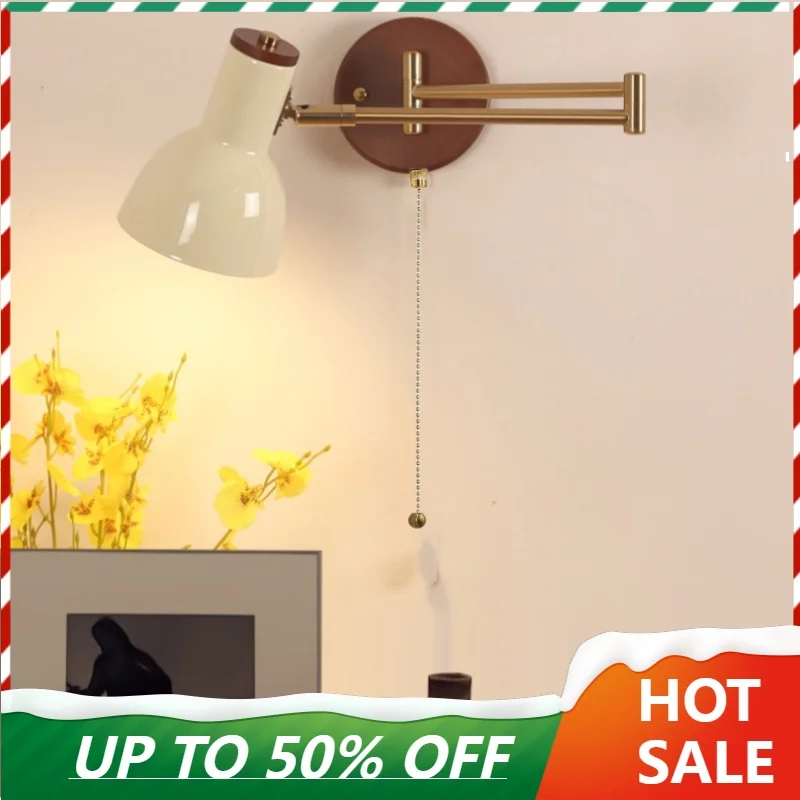 Modern Simple Rotatable Wall Lamp Long Swing Arm LED Wall Lights Foyer Bedroom Hotel Wood Pull Chain Switch Vanity Light