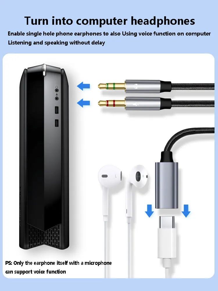 3.5mm Male to Type C Aux Audio Adapter for Phone Tablet PC with USB C Port Cable Conversion Earphone Microphone Listen SPeaking