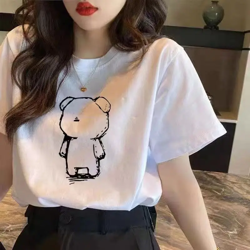 

Loose short sleeved t-shirt for women's front shoulder casual cover buttocks pure cotton versatile trend lazy top summer