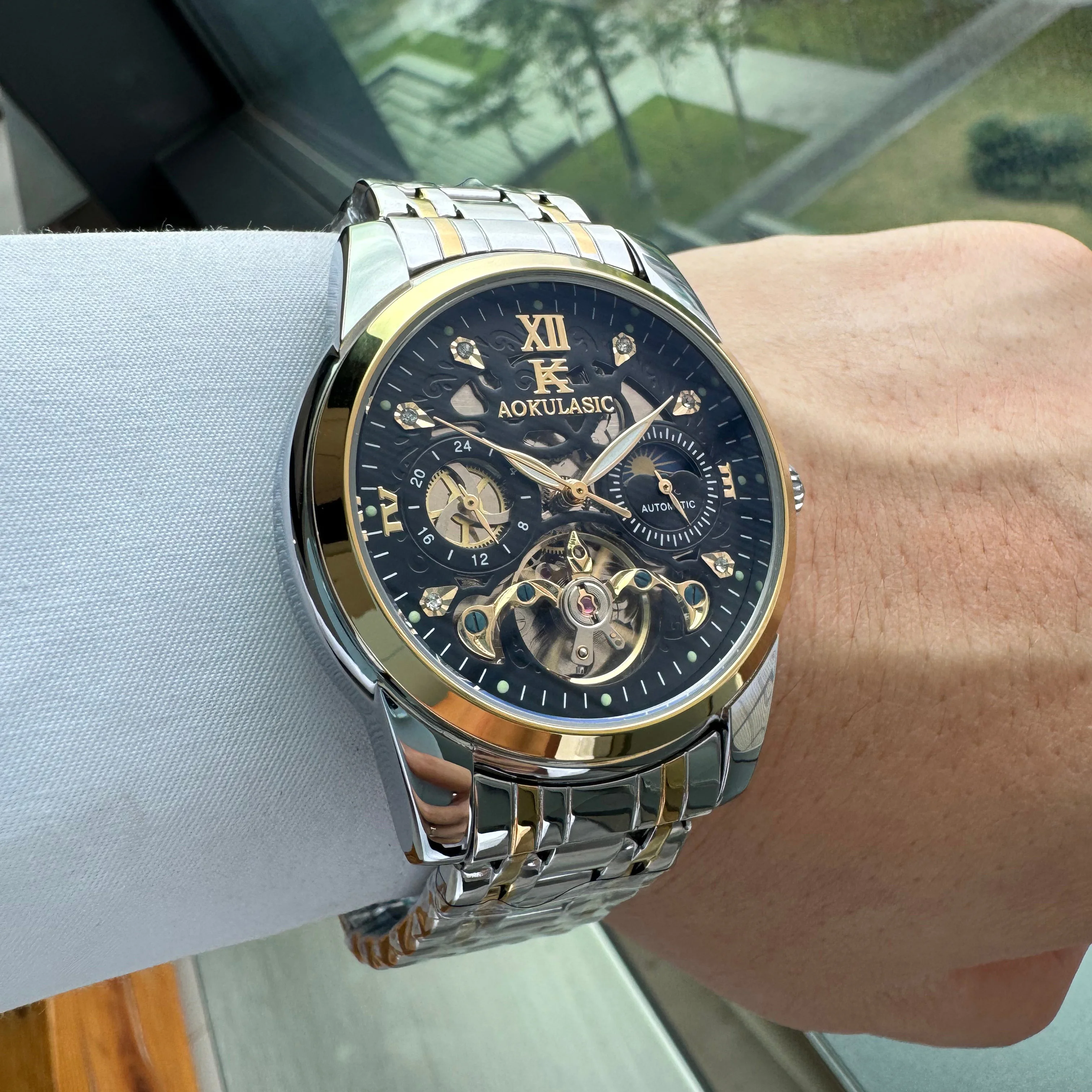 AOKULASIC Luxury Skeleton Automatic Mechanical Watch for Men Tourbillon Design Stainless Steel Strap Business Mens Watches New