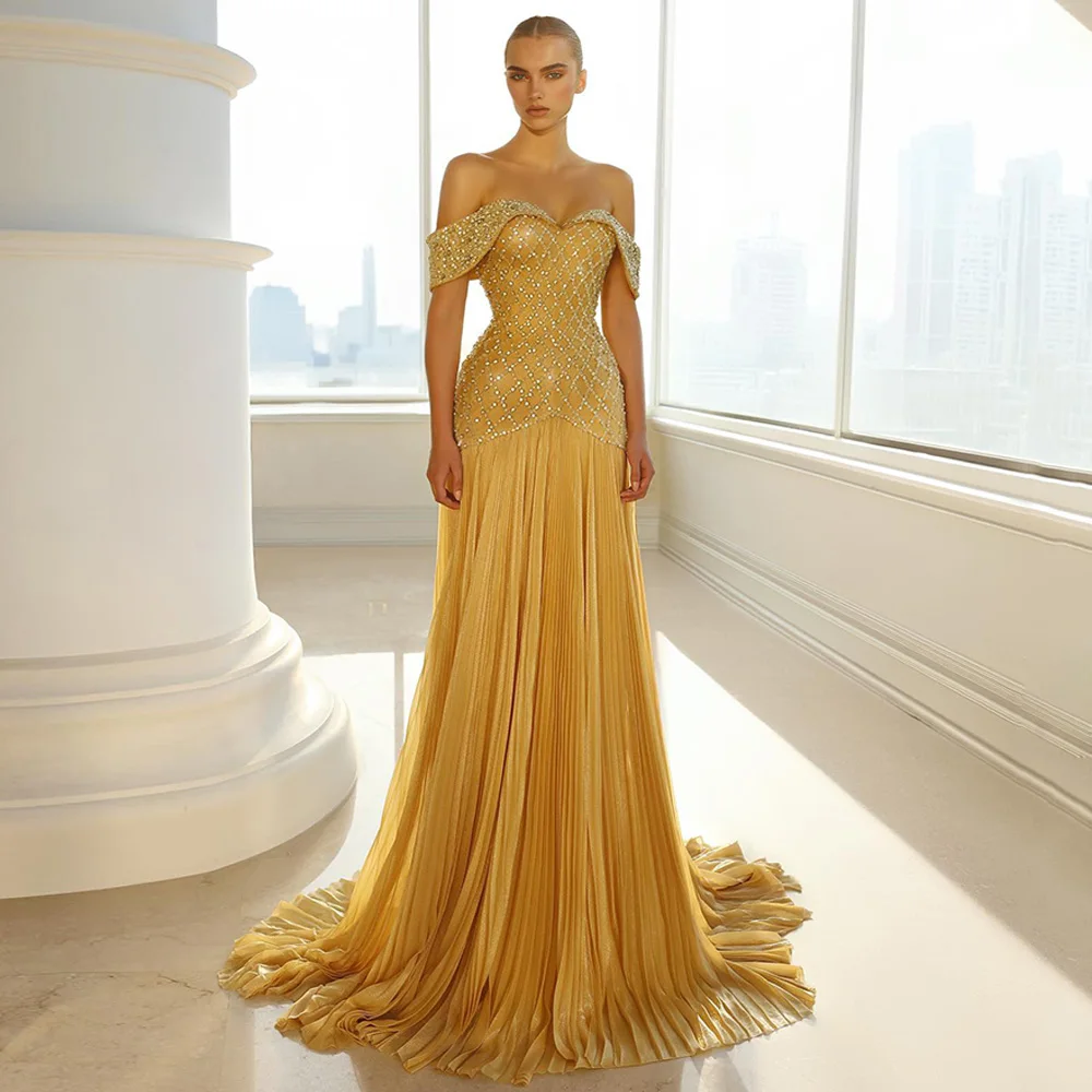 Robe de soirée sirène avec pierres de luxe, personnalisée, épaules dénudées, jupe plissée, traîne de balayage, robe de soirée de concours arabe, robes de bal