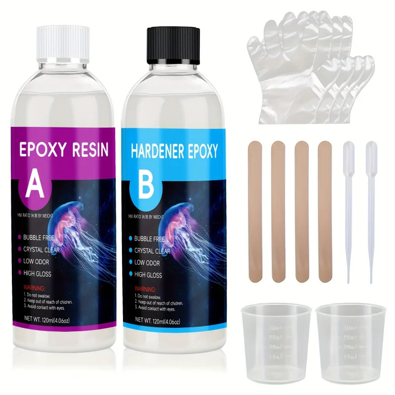 راتنجات الايبوكسي، كريستال شفاف، التسوية الذاتية، مجموعة راتينج مقاومة للأشعة فوق البنفسجية ومقاومة للصدمات، مناسبة للأعمال الفنية والمجوهرات والطاولة والعد
