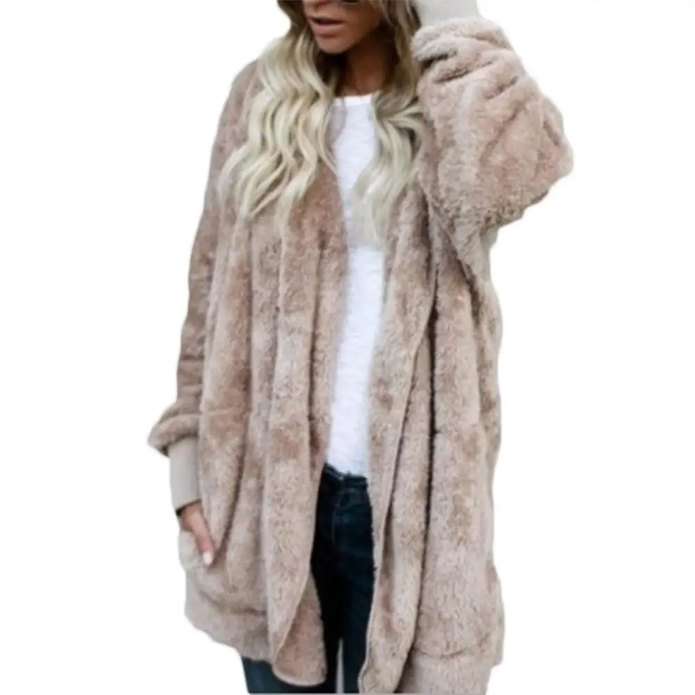 Winter Women Hooded Coat Long Sleeve Cardigan Reversible Faux Fur Pocket Midi Cardigan