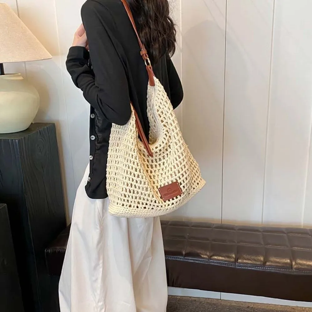 

Сплошной цвет, большая вместительная вязаная сумка-тоут, легкая полая тканая сумка из искусственной кожи с ремешком из хлопка и полиэстера, вязаная сумка, пляжная