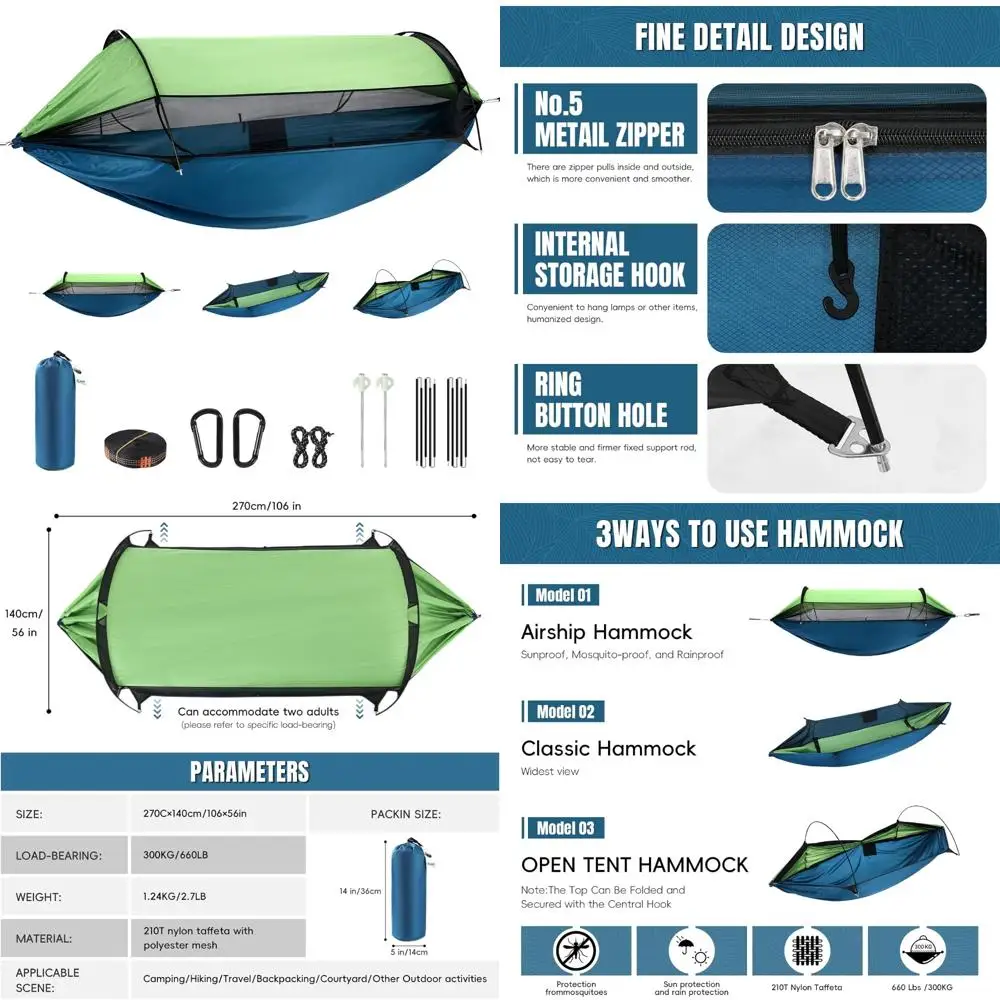 

Lightweight Double Camping Hammock with Mosquito Net, Portable and Durable, Includes 10FT Tree Straps, Made of 210T Nylon for Ra