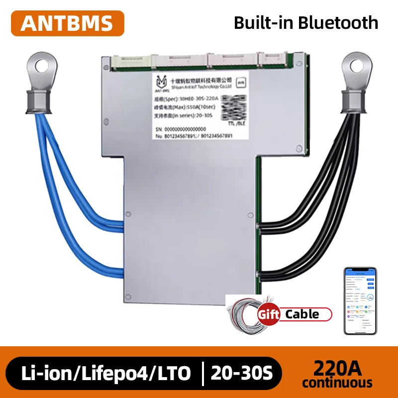 

ANT 20-30S Smart BMS with WiFi 84V 96V LiFePO4/LTO/NCM 220A Peak 550A Bluetooth App Control for Solar/E-Bike/EV Battery Balance