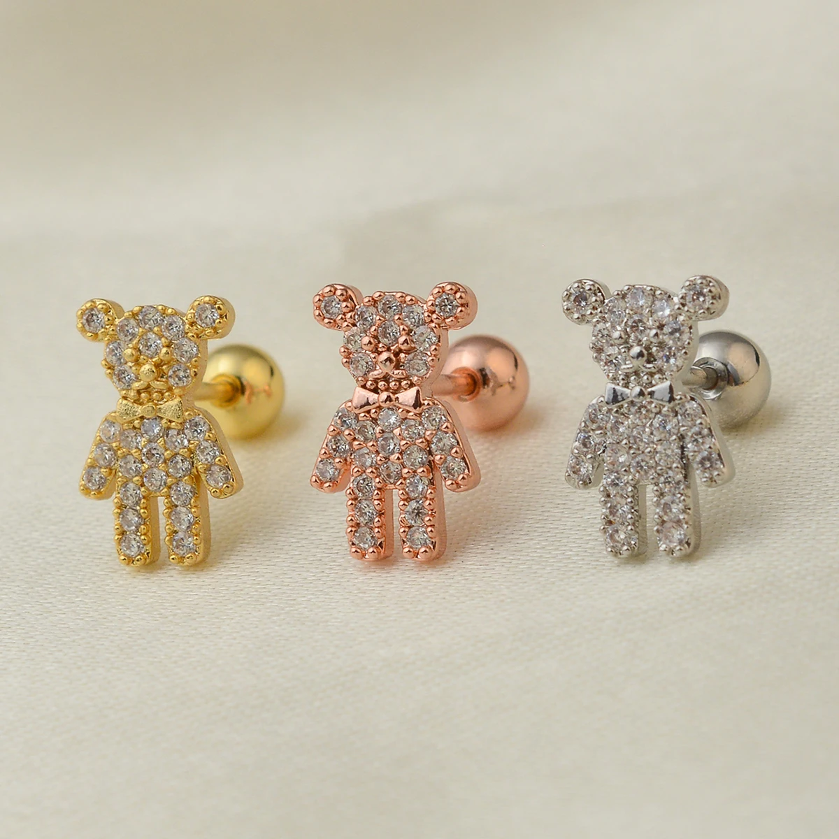 1PC  20G Fashion CZ Stainless Steel Stud Earrings for Women Sweet Cute Bear Earrings Cartilage Helix Standard Piercing Jewelry