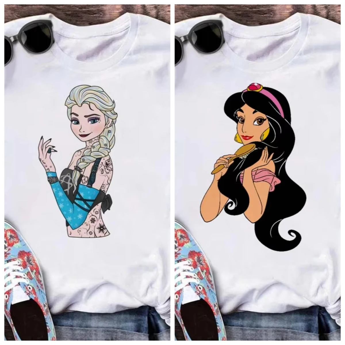 كول ديزني الأميرة قصيرة الأكمام العصرية تي شيرت المرأة موضة الشرير الكرتون نمط تي شيرت عادية ريترو لطيف AnimeWomen #1