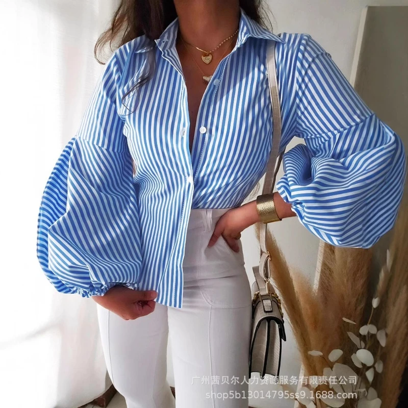 

Striped Blouses Women Shirt Turn Down Collar Lantern Sleeve Tops Y2k Streetwear Elegant Splice Shirts High Waist Slim Fit 2025