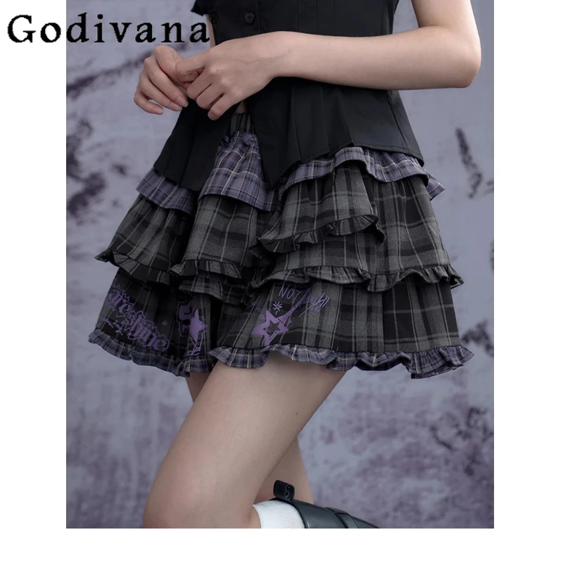 

Lolita Music Festival Punk Plaid Sexy Low Waist Cake Skirt Summer Elegant Girl Sweet Ruffles Daily A-line Age Reduction Skirts