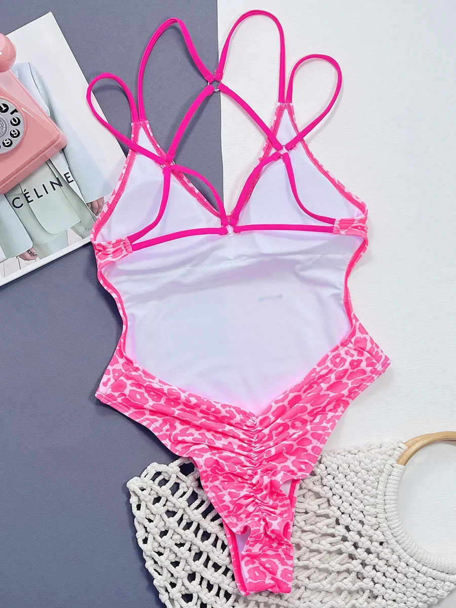 Leopard V Neck Cross Backless Scrunch Butt One Piece Swimsuit Women Swimwear Female Monokini High Leg Cut Bathing Suit Swim Lady