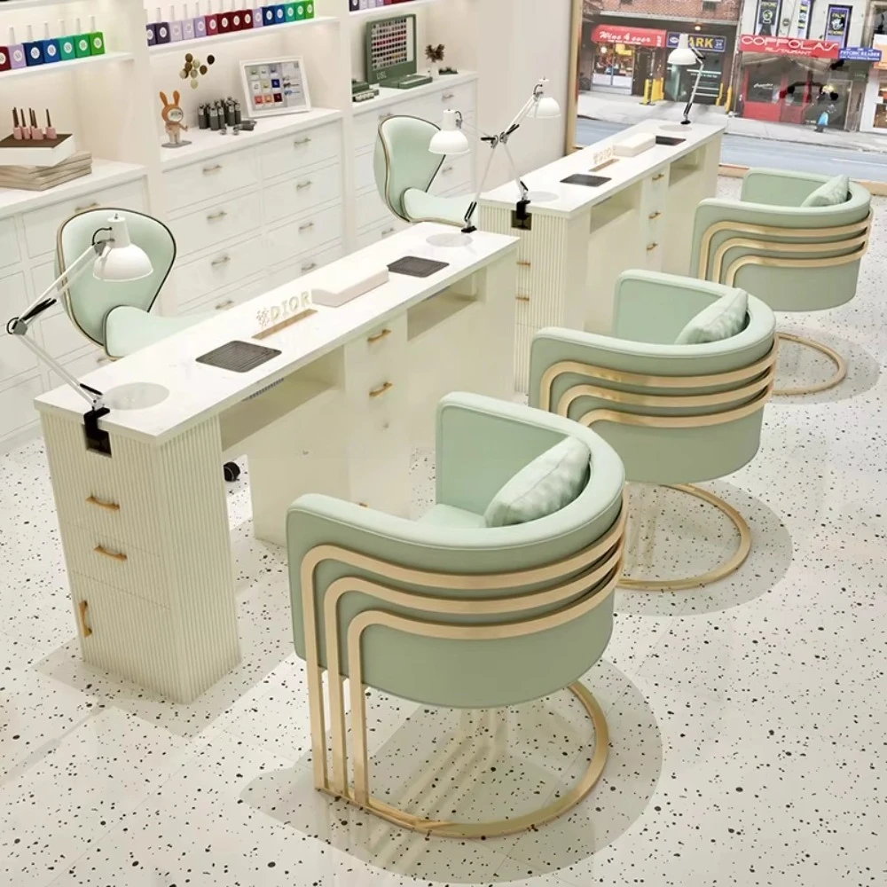 Modern Manicure Nail Table with Acrylic Sneeze Guard Built-In Dust Collector & Extracting Vent Nail Table Chairs