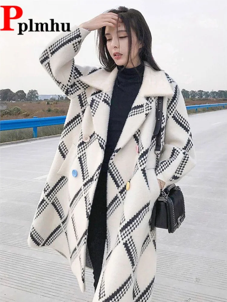 

Suit Collar Mid-Length Jackets Coat Women's Casual Baggy Jaquetas Abrigos Thickened Plaid Double Breasted Button Casaco Tops