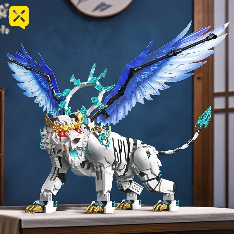

Mythical Mecha White Tiger Building Blocks Educational Toy Movable Wing Design for Kids Adult Collectible Desk Ornament