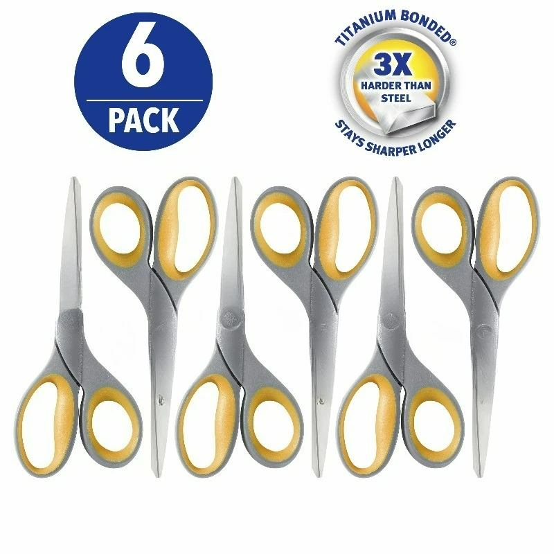 Titanium 7-Inch Straight Scissors, Gray/Yellow, Office Use, 6 Pack