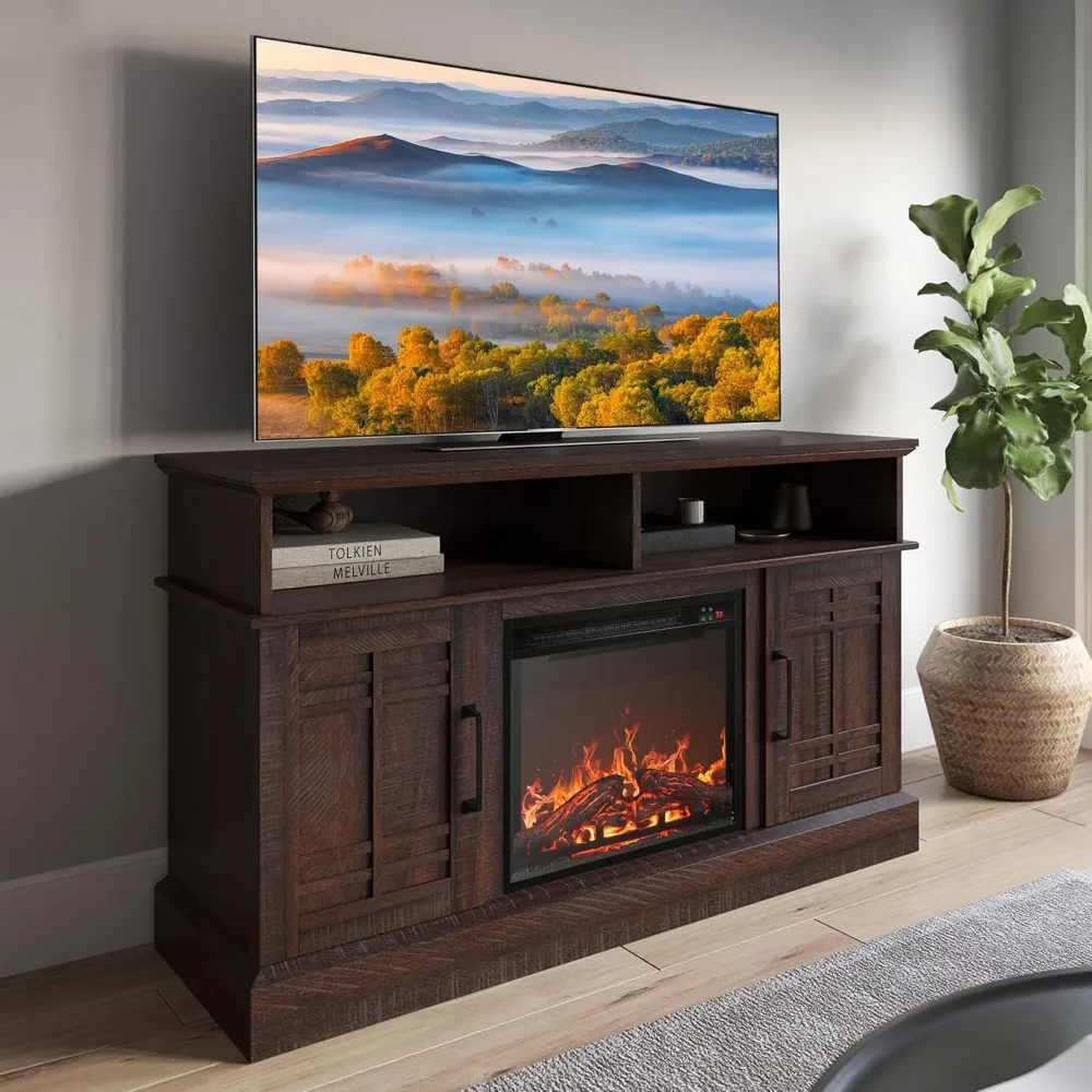 

Modern 48 TV Stand with Built-In Electric Fireplace for TVs up to 50, Entertainment Media Console with Open Shelving