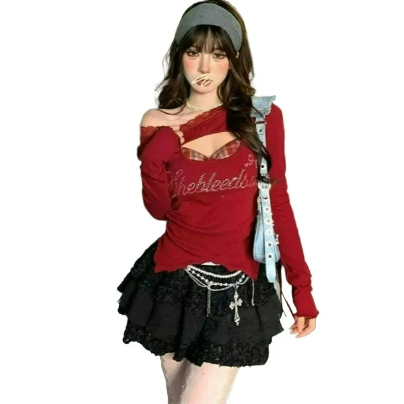 Large Size Women's Clothing Millennium Spice Girls Wind Lace Hollow Slanted Shoulder T-shirt Design Niche Red Sexy Top Exquisite
