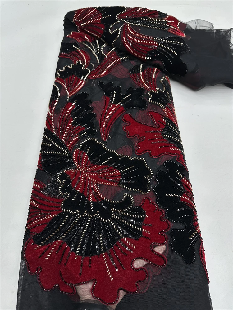 

African Lace Fabric 2025 High Quality Nigerian Embroidery velvet Lace With Sequins beads Latest French Net Lace For Party 5Yards