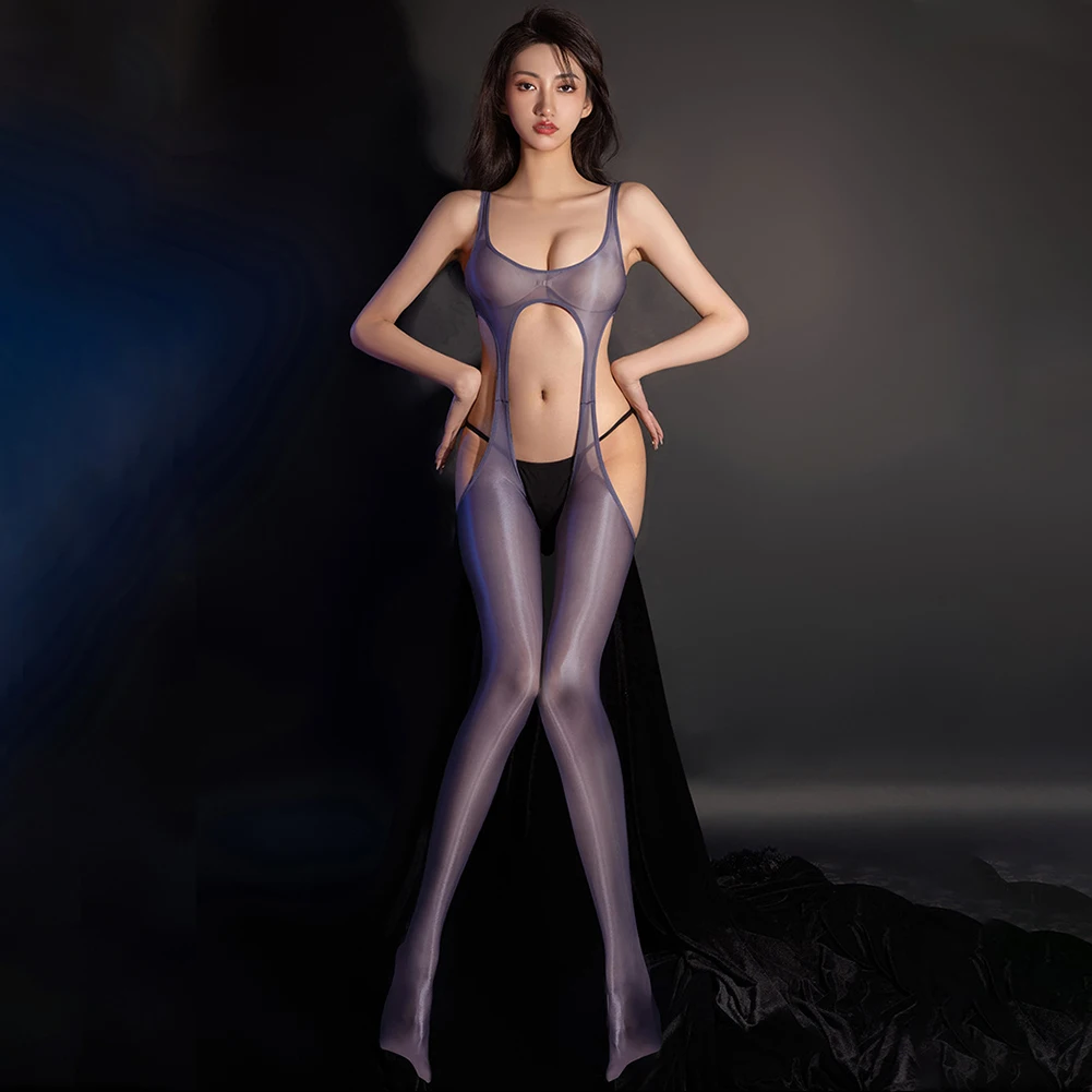 

Women Ultra-thin Sheer Perspective Bodysuit Sleeveless Hollow Out Open Crotch Jumpsuit Oil Shiny Glossy Erotic Bodystockings