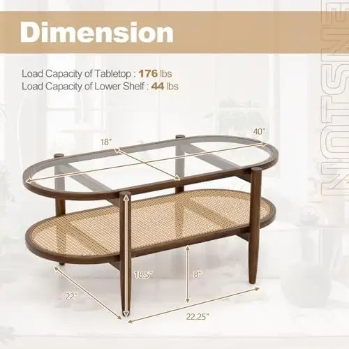 Rattan Coffee Table, 2-Tier Oval Acacia Wood Tea Table w/Tempered Glass Tabletop & PE Rattan Storage Shelf, Boho