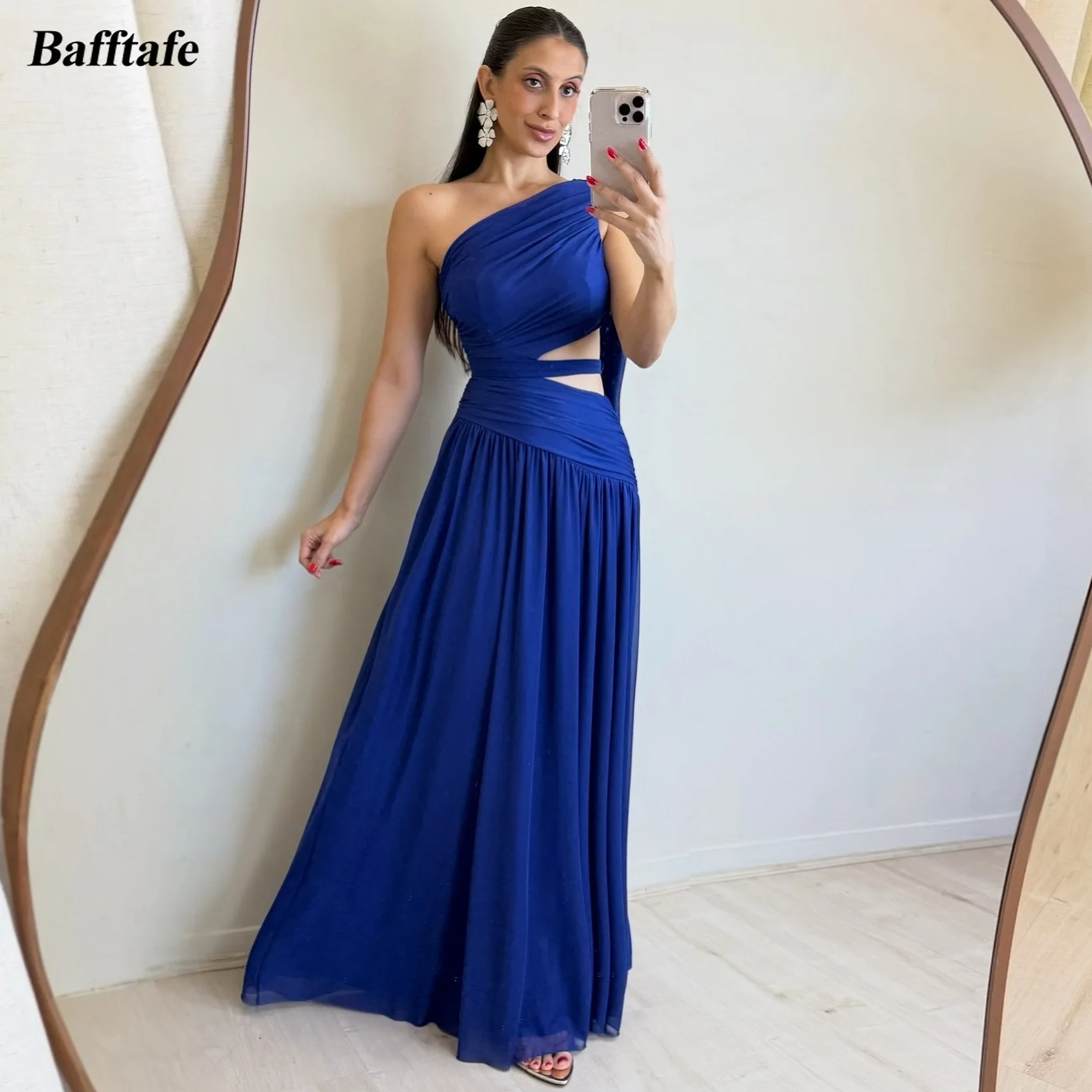 

Bafftafe Customized Royal Blue Chiffon Prom Dresses One Shoulder Hole Waist Women's Formal Evening Dress Long Formal Party Gowns