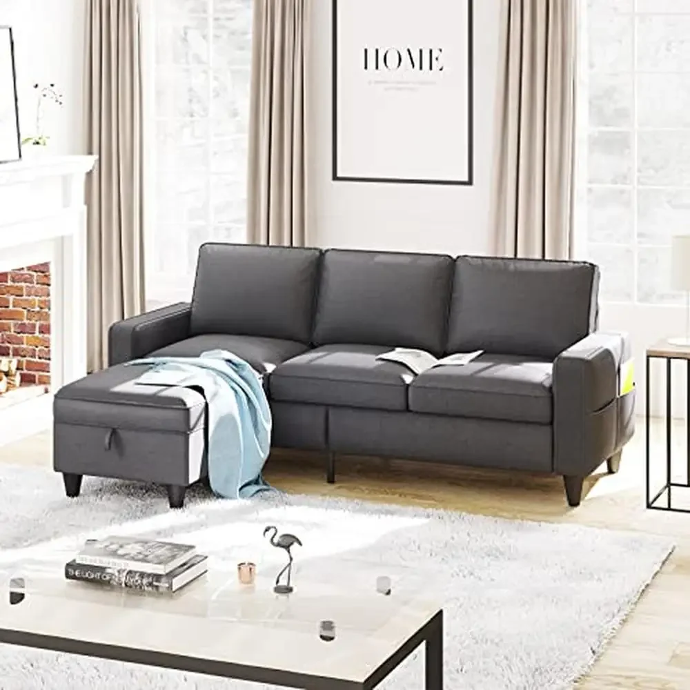 L-Shaped Convertible Sectional Sofa with Ottoman Storage 3-Seat Grey Linen Couch Breathable Stable Comfy Sleeper Easy Assembly