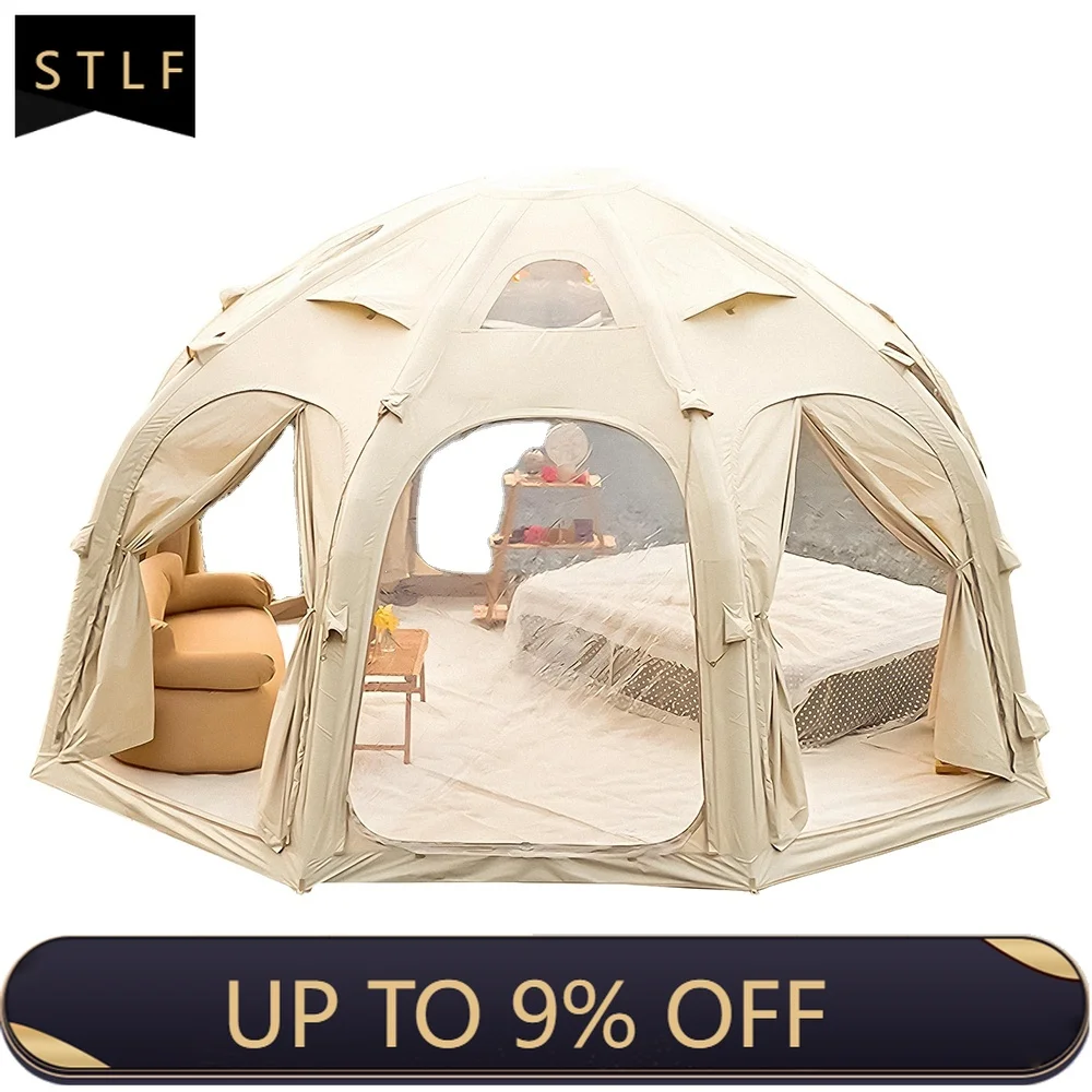 Inflatable Tent 4-8 Person 4-Season with Stove Jack Waterproof Oxford Fabric Luxury Glamping Tent Easy Setup with Carry Bag