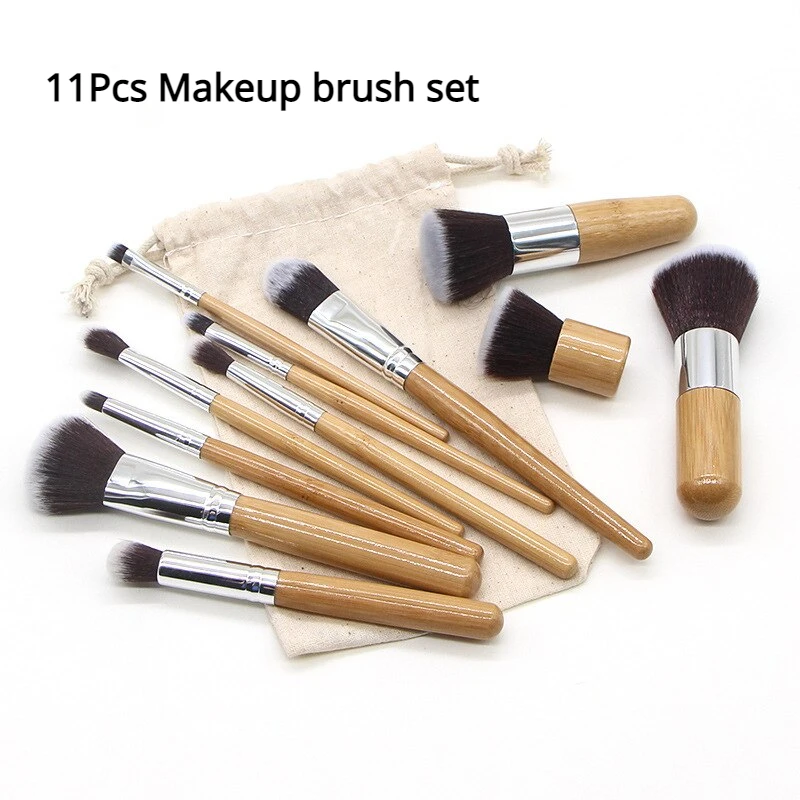 11Pcs Bamboo handle makeup brush with linen bag, bamboo handle makeup brush set, beauty tools