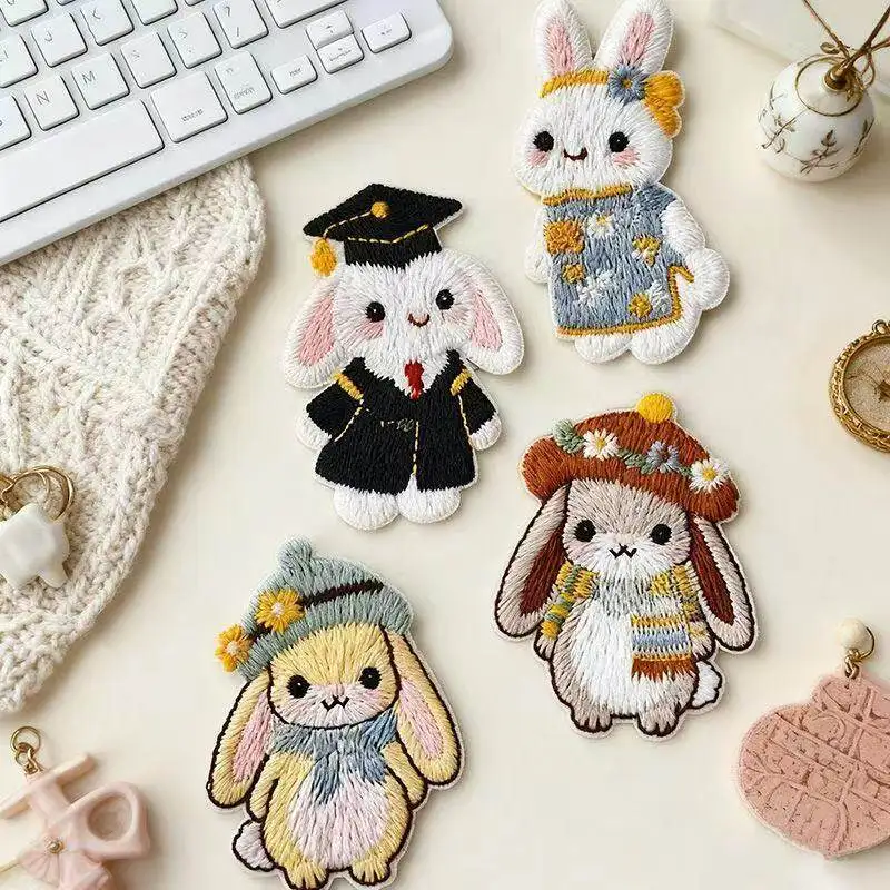 AHYONNIEX Different Rabbit Embroidery Sticker Patches for Clothes Small Glue Patch for Kids Clothes Designer